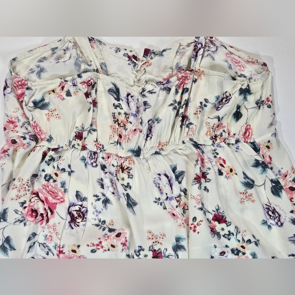 No Boundaries Sundress Juniors 3XL White Pink Floral Tie Neck Summer Cottagecore - Picture 4 of 11